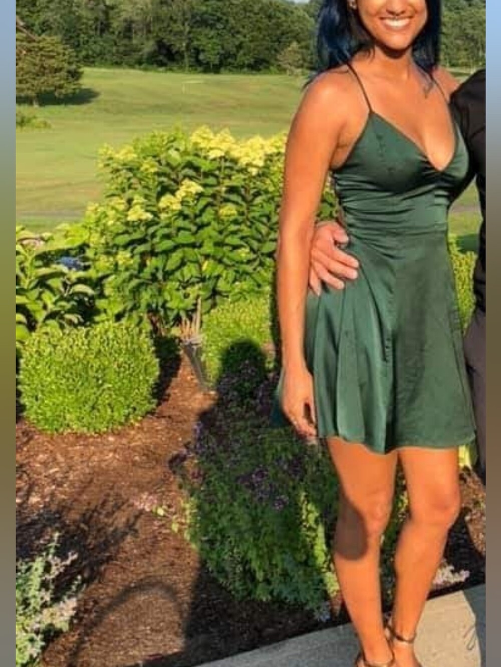 Windsor Forest Green Satin V-Neck Spaghetti Strap Mini Dress